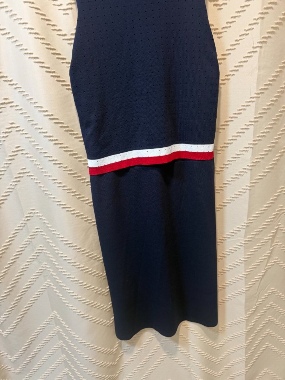 Leo & Ugo Dress Knit Navy Blue Red White Layered Mock Neck Zip France Summer - Picture 11 of 12